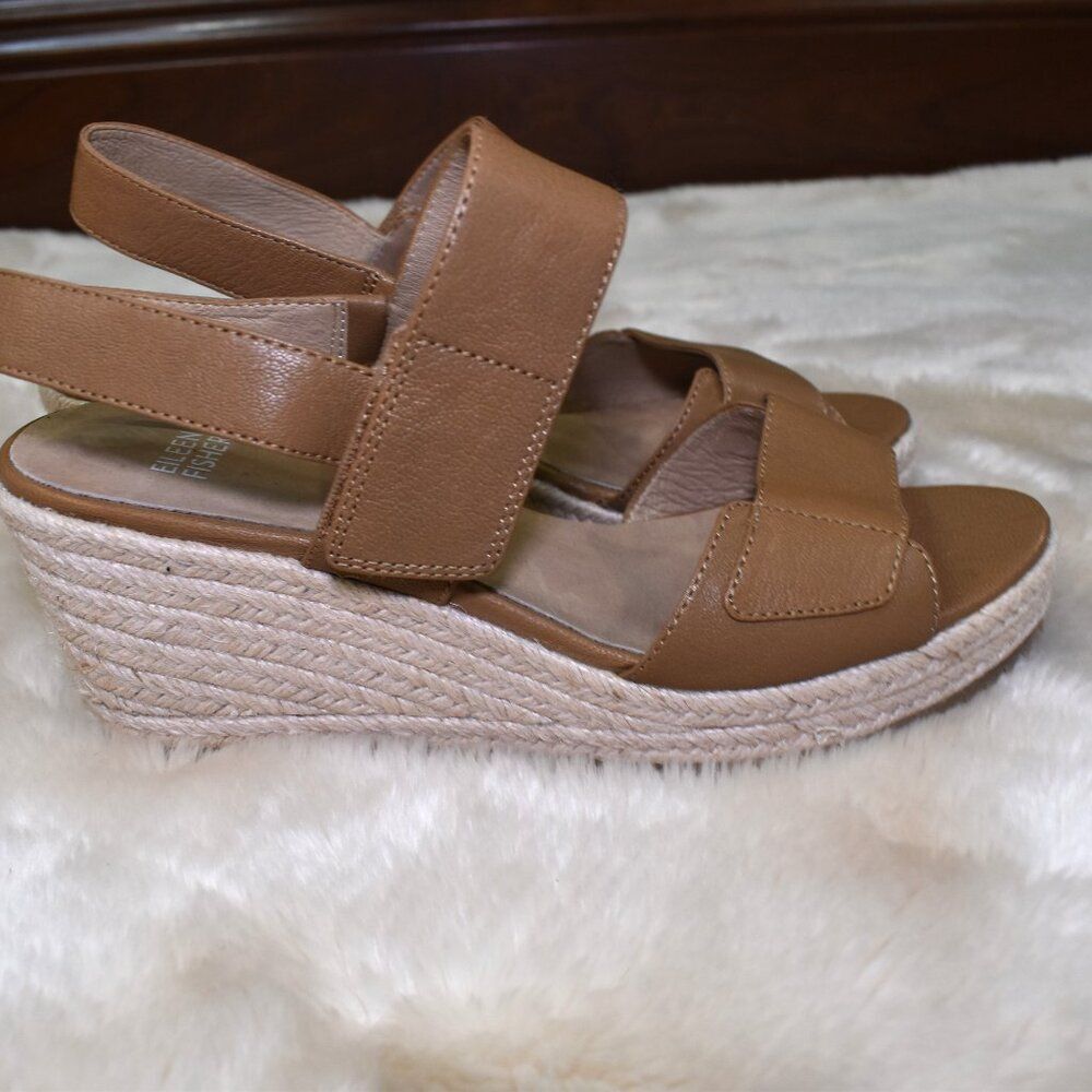 Eileen Fisher Winnie Espadrille Wedge Sandals 8.5 Brown Jute Platform - Picture 14 of 16